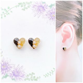 jelブラック×ゴールドバイカラー8mmハートピアス/イヤリング　再販　人気(ピアス)