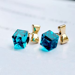 ブルー クリスタル キューブ カットガラス リボン ゴールド ピアス(ピアス)