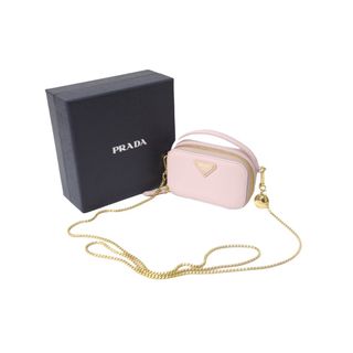 極美品 PRADA プラダ サフィアーノトライアングルロゴ ミニポーチ 1NR025_QHH_F0E18 レザー ピンク ゴールド金具 中古 64199