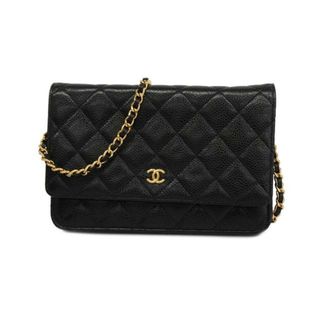 シャネル(CHANEL)の【4ma0298】シャネル ショルダーウォレット/マトラッセ/チェーンショルダー/キャビアスキン/ブラック/ゴールド金具 【中古】 レディース(財布)