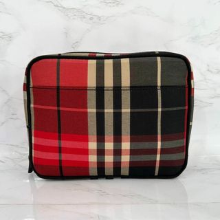 バーバリー(BURBERRY)の美品 バーバリーロンドン Burberry ポーチ レッド ブラック キャンバス(ポーチ)