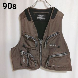 【90s】古着　フィッシングベスト　多ポケット　薄手　ファスナー(ベスト)