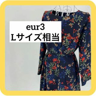 エウルキューブ(eur3)のeur3 Lサイズ相当　ワンピース　花柄　総柄　ネイビー　紐ベルト　ビッグサイズ(ロングワンピース/マキシワンピース)