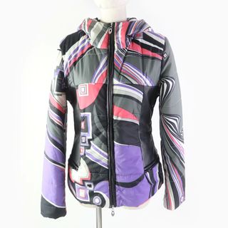 エミリオプッチ(EMILIO PUCCI)の良品★Emilio Pucci エミリオプッチ フード付 ロゴZIP レザー使い プッチ柄 ダウンジャケット マルチカラー 36 イタリア製 レディース(ダウンジャケット)