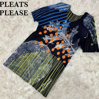 プリーツプリーズイッセイミヤケ(PLEATS PLEASE ISSEY MIYAKE)の【激希少】プリーツプリーズ　半袖　総柄　デザインシャツ　サイズ4 大きいサイズ(Tシャツ(半袖/袖なし))