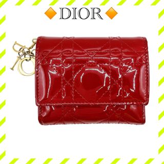 ディオール(Dior)の美品 ディオール パテントカーフスキン カナージュ ロータスウォレット レッド(財布)