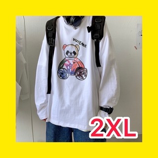 Tシャツ 2XL　ホワイト　ロング丈　プリント　熊　長袖　オーバーサイズ　メンズ(Tシャツ/カットソー(七分/長袖))