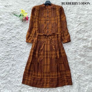 バーバリー(BURBERRY)の【美品】バーバリーロンドン ロング丈 ワンピース リボン シルク混 オレンジ M(ロングワンピース/マキシワンピース)