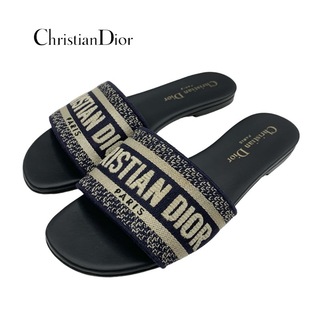 クリスチャンディオール(Christian Dior)のクリスチャンディオール CHRISTIAN DIOR DWAY サンダル 靴 シューズ ファブリック ネイビー ベージュ フラットサンダル ミュール エンブロイダリー ロゴ 刺繍(サンダル)