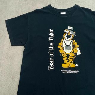 VINTAGE - 寅さん記者　トラ　アニマルイラスト　半袖Tシャツ　古着　ネイビー　紺　M