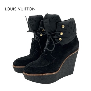 ルイヴィトン(LOUIS VUITTON)のルイヴィトン LOUIS VUITTON ブーツ ショートブーツ 靴 シューズ スエード ナイロン レザー ブラック 黒 アンクルブーツ レースアップ モノグラム ウェッジソール(ブーツ)
