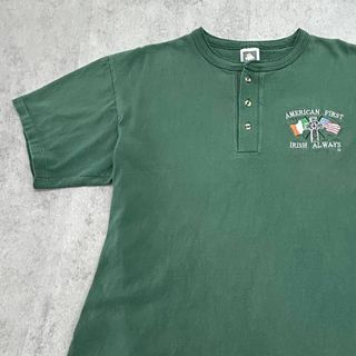 ヴィンテージ(VINTAGE)のUSA製　スリーボタンシャツ　刺繍　IRISH　半袖Tシャツ　古着　グリーン　L(Tシャツ/カットソー(半袖/袖なし))