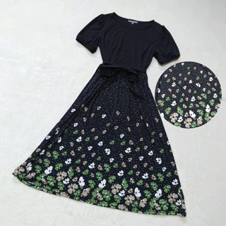 ローラアシュレイ(LAURA ASHLEY)のローラアシュレイ　ロングワンピース　花柄　ドット　水玉　ジャージ素材　黒　美品(ロングワンピース/マキシワンピース)