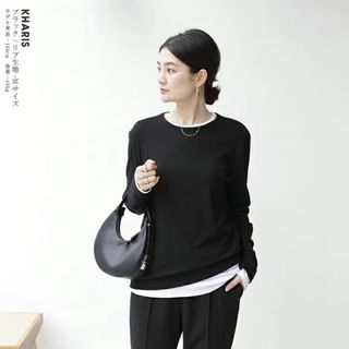 リブ生地　ロンT 黒　BLACK ブラック　無地　楽天市場　楽天1位　定番(Tシャツ(長袖/七分))