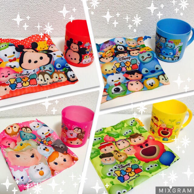 Disney(ディズニー)の【再出品！】ツムツム♡コップ&巾着セット♡4種詰め合わせ【バラ売りもOK】 エンタメ/ホビーのおもちゃ/ぬいぐるみ(キャラクターグッズ)の商品写真