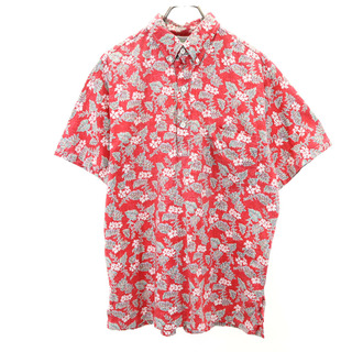 hawaiian 80s 90s USA製 オールド 半袖 リバースプリント ボタンダウン ポロシャツ L レッド系 hawaiian アロハ メンズ(ポロシャツ)