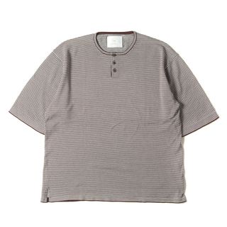 ブフト(BUKHT)の美品 bukht ブフト Tシャツ サイズ:1(S) ヘンリーネック ボーダー コットンニット 半袖Tシャツ HENRY NECK KNIT POLO ブラウン ホワイト 日本製 トップス カットソー【メンズ】【中古】(Tシャツ/カットソー(半袖/袖なし))