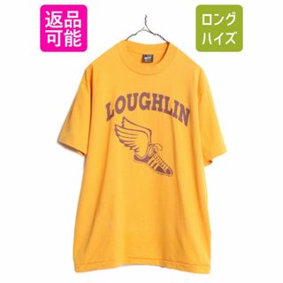 90s USA製 2段 ウイングフット プリント 半袖 Tシャツ メンズ L 古着 90年代 オールド シングルステッチ フルーツオブザルーム マスタード(Tシャツ/カットソー(半袖/袖なし))