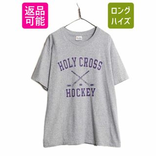 90s USA製 3段 カレッジ ホッケー プリント 半袖 Tシャツ メンズ XL / 古着 オールド シングルステッチ 大きいサイズ ヘビーウェイト 杢 灰(Tシャツ/カットソー(半袖/袖なし))