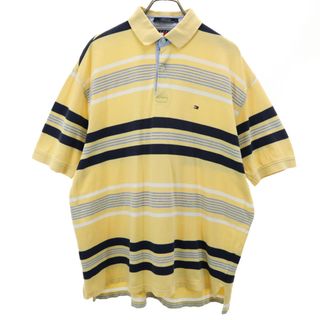 トミーヒルフィガー(TOMMY HILFIGER)のトミーヒルフィガー 90s オールド FLAGタグ ボーダー柄 半袖 ポロシャツ L イエロー TOMMY HILFIGER ハーフボタン メンズ(ポロシャツ)