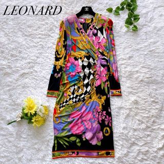 レオナール(LEONARD)の高級✨レオナール　シルク100%カシュクールワンピース　花　トリム　金ボタン　M(ロングワンピース/マキシワンピース)