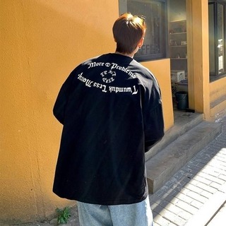 ロンT トップス 英字 人気 ストリート ゆったり メンズ 韓国 ブラック XL(Tシャツ/カットソー(七分/長袖))