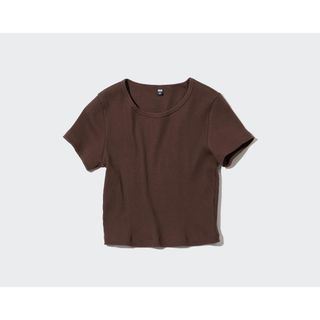 ユニクロ(UNIQLO)のUNIQLO リブクロップドT 半袖 ブラウン L(Tシャツ(半袖/袖なし))