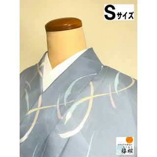 【中古】小紋 化繊 ブルーグレー地に刷毛目模様 夏着物 裄64cm Sサイズ(着物)