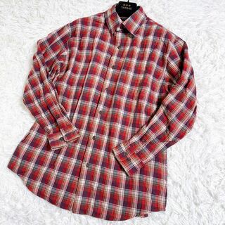 VESVIO 長袖シャツ コットン100% 綿 L 赤 チェック レッド(Tシャツ/カットソー(七分/長袖))