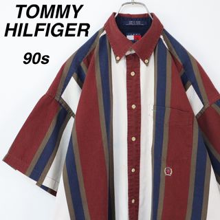 TOMMY HILFIGER - 【90s】トミーヒルフィガー／マルチストライプシャツ　刺繍ロゴ　旧ロゴ　XL相当