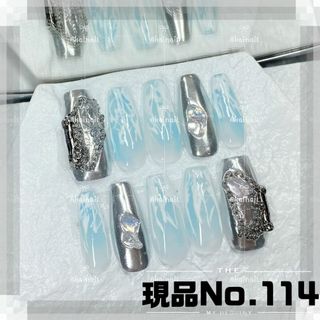 No.114S現品ネイルチップギャルy2kサブカル地雷シルバー水色チーク(つけ爪/ネイルチップ)