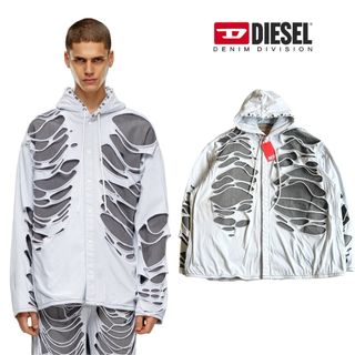 ディーゼル(DIESEL)の新品 DIESEL フーデッドデニムシャツ リップド加工 Dロゴ D-Dewny(パーカー)