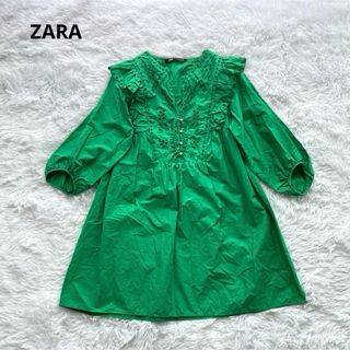 ザラ(ZARA)のZARA ブラウス 刺繍 フリル 緑 トップス チュニック ゆったり 七分袖(シャツ/ブラウス(長袖/七分))