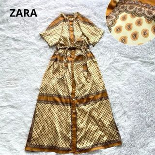 ザラ(ZARA)のZARA ロングワンピース ペイズリー柄 スカーフ柄 半袖 Aライン ベルト付き(ロングワンピース/マキシワンピース)