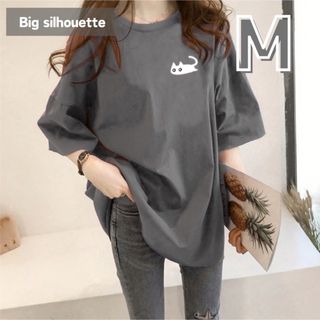 オーバーサイズTシャツ 半袖 ビッグシルエット 体型カバー ワンポイント 猫(Tシャツ/カットソー(半袖/袖なし))