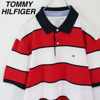 トミーヒルフィガー(TOMMY HILFIGER)の【極太ボーダー】トミーヒルフィガー／ポロシャツ　XLサイズ　刺繍ロゴ　鹿の子(ポロシャツ)