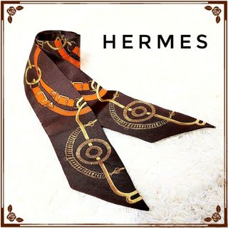 エルメス(Hermes)の美品☆HERMES☆ツイリー「黄金の拍車」シルク リボン スカーフ ブラウン系(バンダナ/スカーフ)