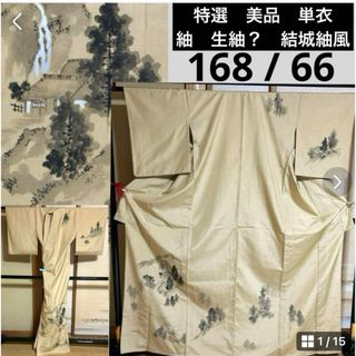 特選　美品　単衣　紬　生紬？　結城紬風　身丈168 裄66 ベージュ(着物)