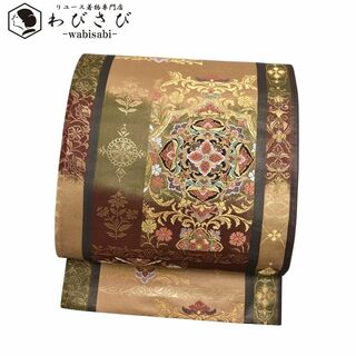 袋帯 色鮮やかな美しい華柄唐織模様 金糸 山吹鼠色 O-3516(着物)