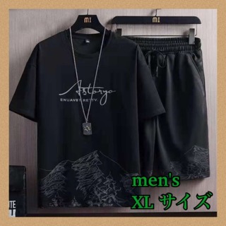 【即購入OK】ストリート 半袖 Tシャツ×ズボン セットアップ XL 　黒(Tシャツ/カットソー(半袖/袖なし))