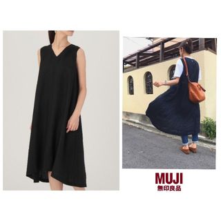 ムジルシリョウヒン(MUJI (無印良品))の無印 Vネックリネンノースリーブワンピース ブラック(ひざ丈ワンピース)