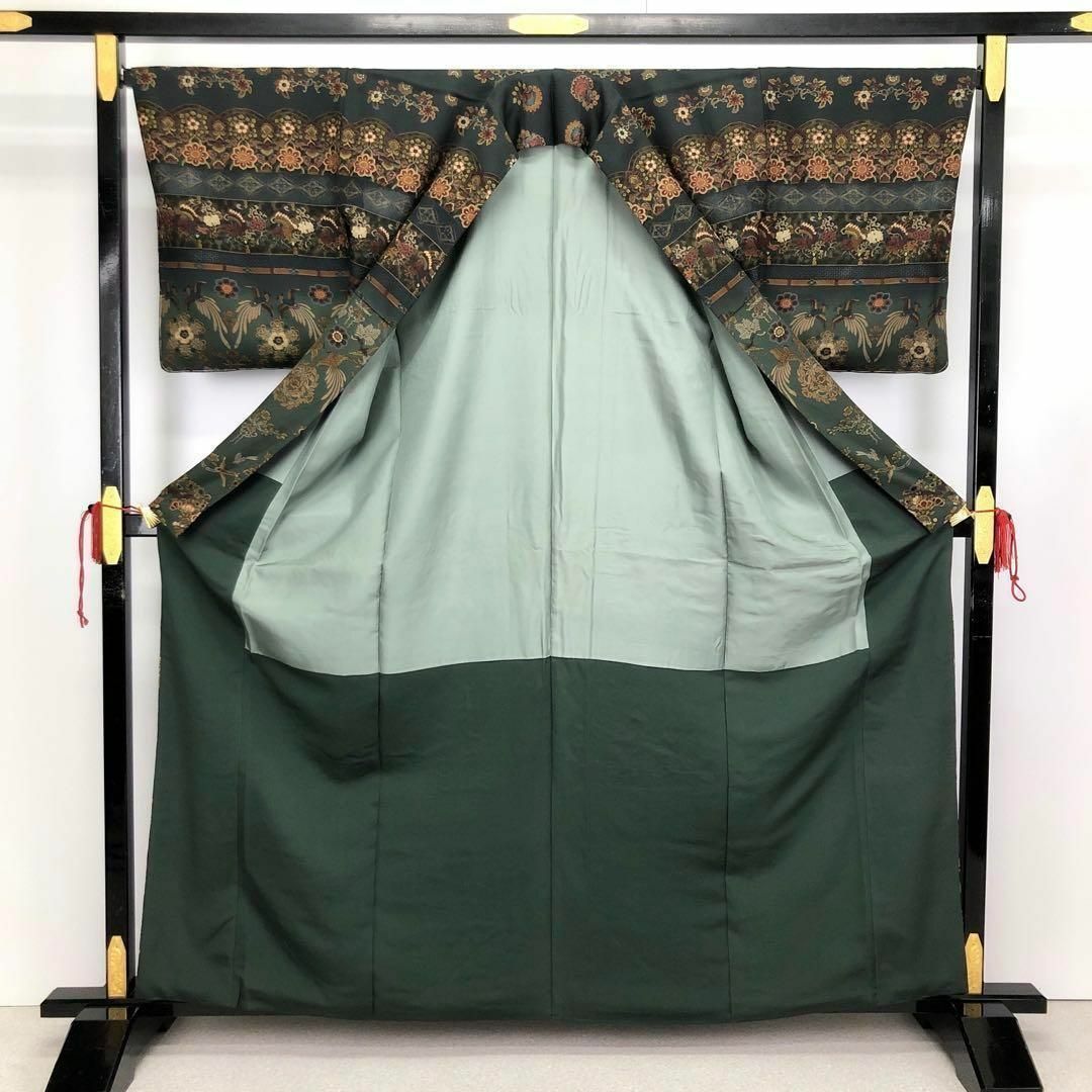 訪問着 極上総刺繍 オリエンタルな圧巻の花鳥模様 黒橡色 K-2969 訪問着 極上総刺繍 オリエンタルな圧巻の花鳥模様 黒橡色 K-2969