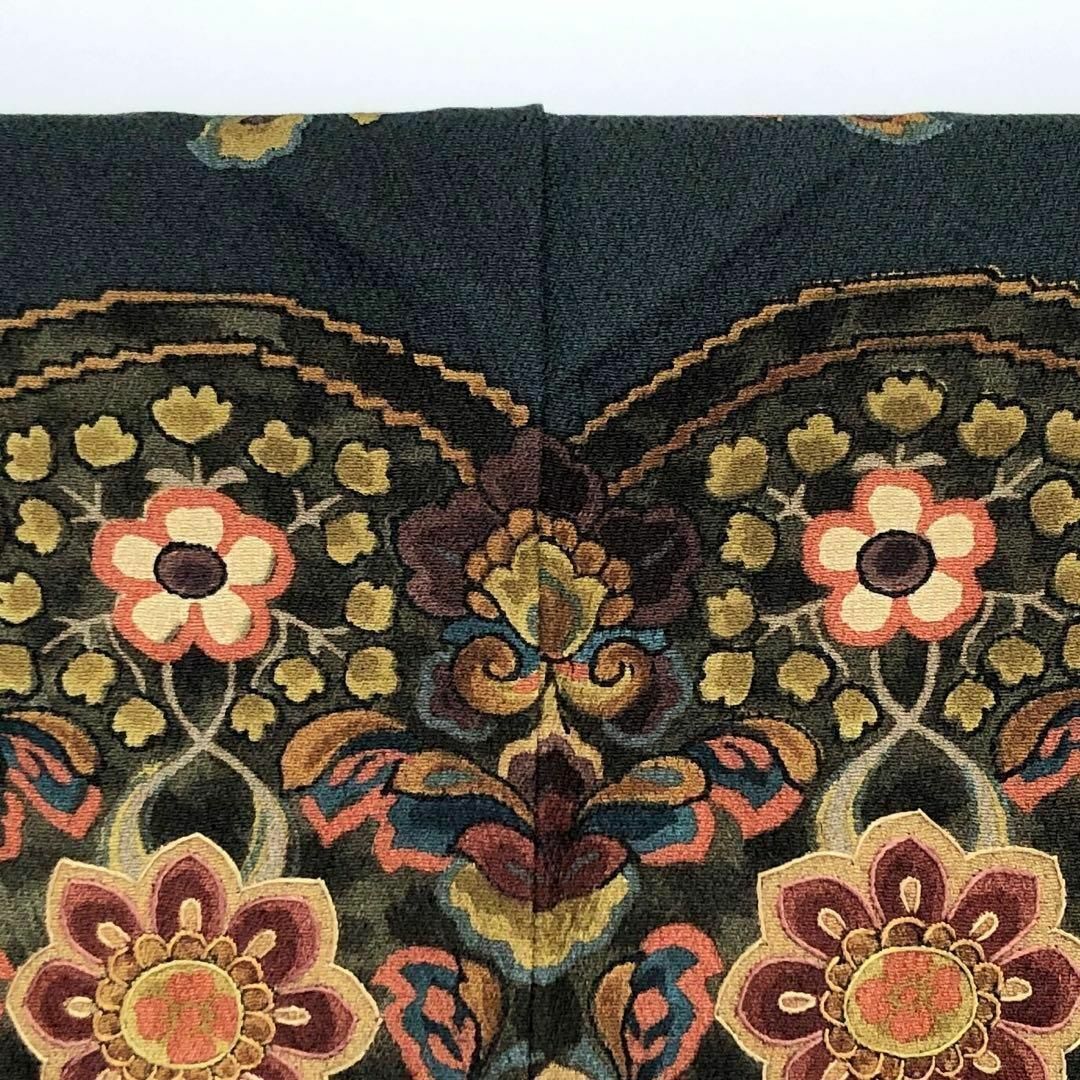 訪問着 極上総刺繍 オリエンタルな圧巻の花鳥模様 黒橡色 K-2969 訪問着 極上総刺繍 オリエンタルな圧巻の花鳥模様 黒橡色 K-2969