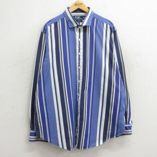 ラルフローレン(Ralph Lauren)のXL★古着 ラルフローレン Ralph Lauren 長袖 ブランド シャツ メンズ90年代 90s ESTATE 大きいサイズ コットン 紺他 ネイビー ストライプ 24jun05 中古 メンズ トップス(シャツ)