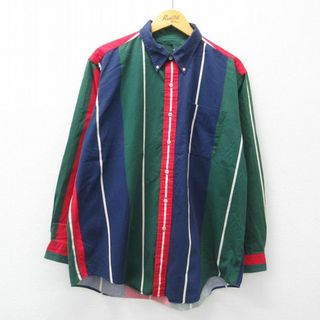 XL★古着 長袖 シャツ メンズ 90年代 90s 大きいサイズ コットン ボタンダウン 紺他 ネイビー ストライプ 24jun05 中古 トップス(シャツ)