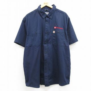 カーハートダブリューアイピー(Charhartt WIP)のXL★古着 カーハート Carhartt 半袖 シャツ メンズ Rtherk group ダック地 大きいサイズ ロング丈 ボタンダウン 紺 ネイビー 24jun05 中古 トップス(シャツ)