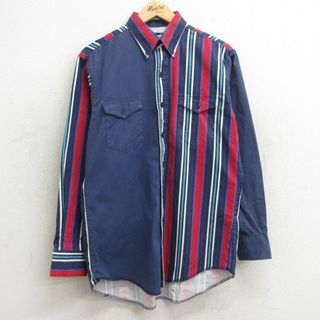 ラングラー(Wrangler)のL★古着 ラングラー Wrangler 長袖 ウエスタン シャツ メンズ 90年代 90s コットン ボタンダウン 紺他 ネイビー ストライプ 24jun05 中古 トップス(シャツ)