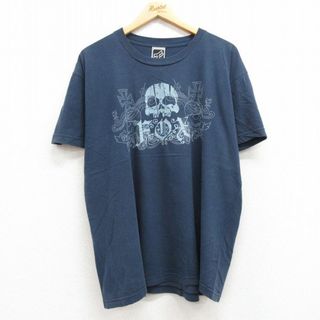 XL★古着 半袖 ビンテージ Tシャツ メンズ 00年代 00s FOX スカル 刺繍 大きいサイズ コットン クルーネック 紺 ネイビー 24jun05 中古(Tシャツ/カットソー(半袖/袖なし))