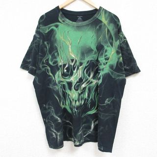 XL★古着 半袖 Tシャツ メンズ スカル 全面プリント 大きいサイズ コットン クルーネック 黒 ブラック 【spe】 24jun05 中古(Tシャツ/カットソー(半袖/袖なし))