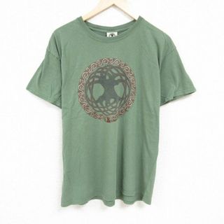 XL★古着 半袖 Tシャツ メンズ jen delyth ケルトデザイン コットン クルーネック 緑 グリーン 【spe】 24jun05 中古(Tシャツ/カットソー(半袖/袖なし))